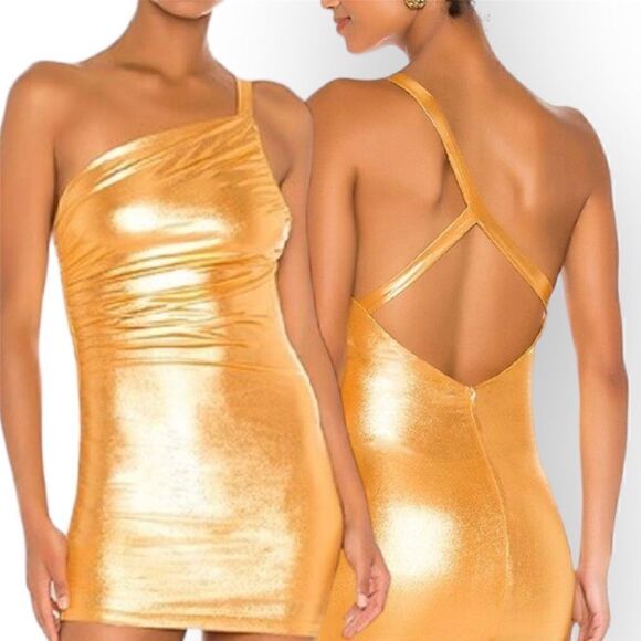 Superdown Elsa One Shoulder Gold Metallic Bodycon Mini Dress, Women’s Medium - Picture 3 of 9